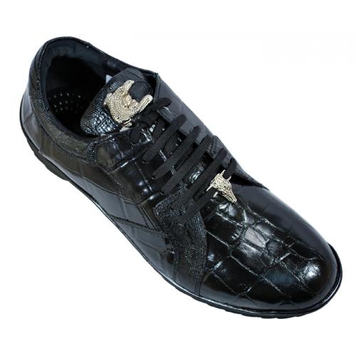 Giorgio Brutini Black Alligator Print Casual Sneakers  With Silver Alligator Head on Laces 200021